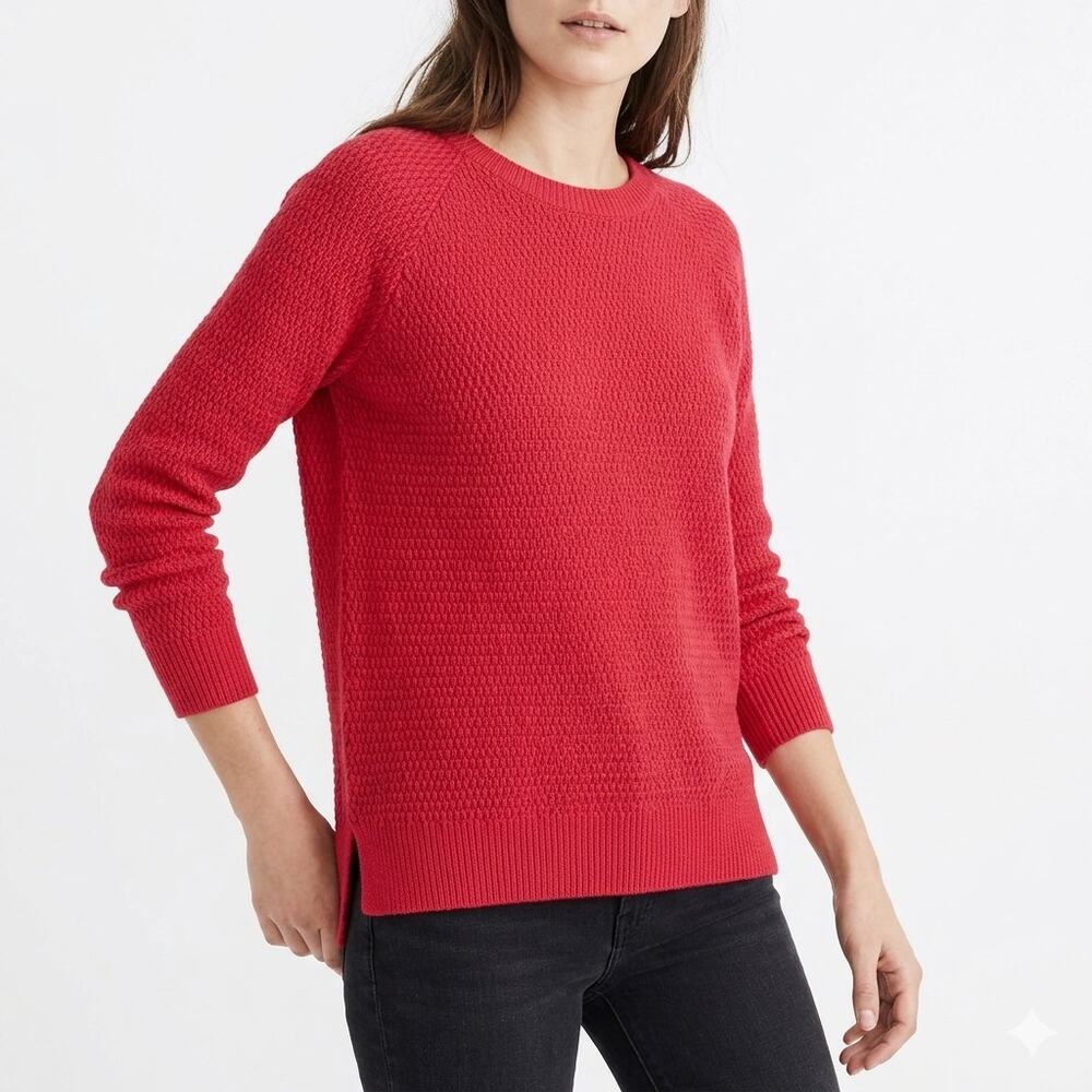 Madewell Leaf Stitch Red Lightweight Crewneck Sweater Waffle Knit Womens Size XS
